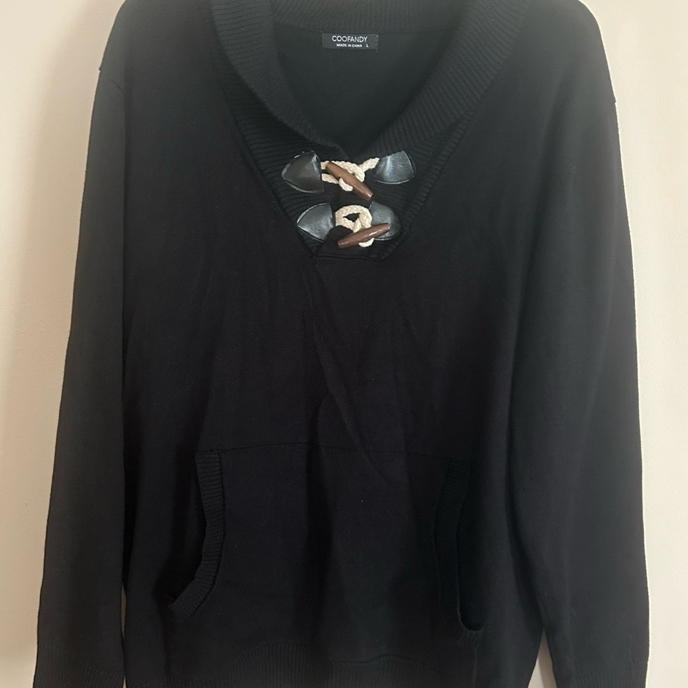 Coofandy Men’s Black Crew Neck Sweater with Toggle Detail